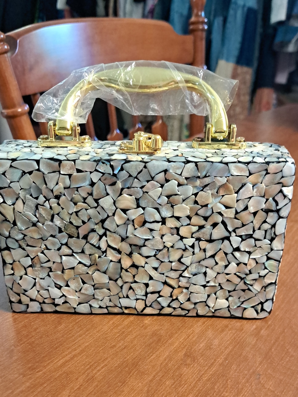 Ramla Mosaic Stone Box Clutch with Gold Handle